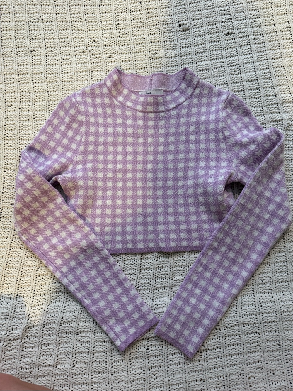 Bershka Lavender & Cream Gingham Cropped Knit Top